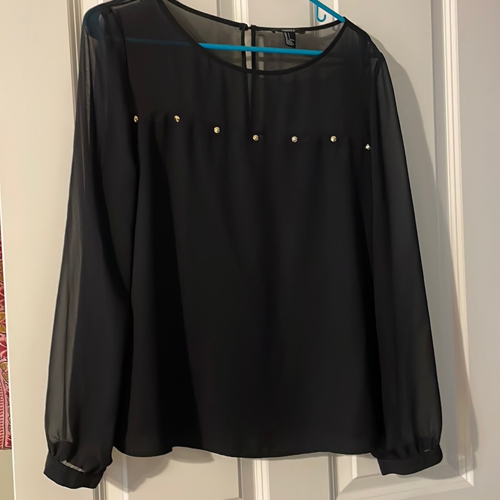 Forever21 black blouse, see through with gold beads studs